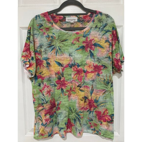 Breckenridge Green Tropical Floral Short Sleeve Womens Top Blouse 1X Plus - Picture 1 of 4